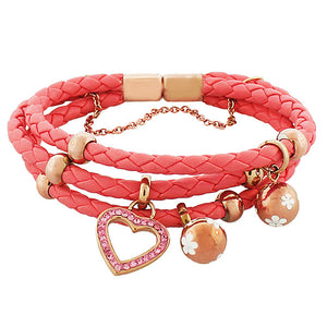 Fashion Alloy Pink Faux PU Leather Rose Gold-Tone CZ Love Heart Multi-Row Layer Bracelet