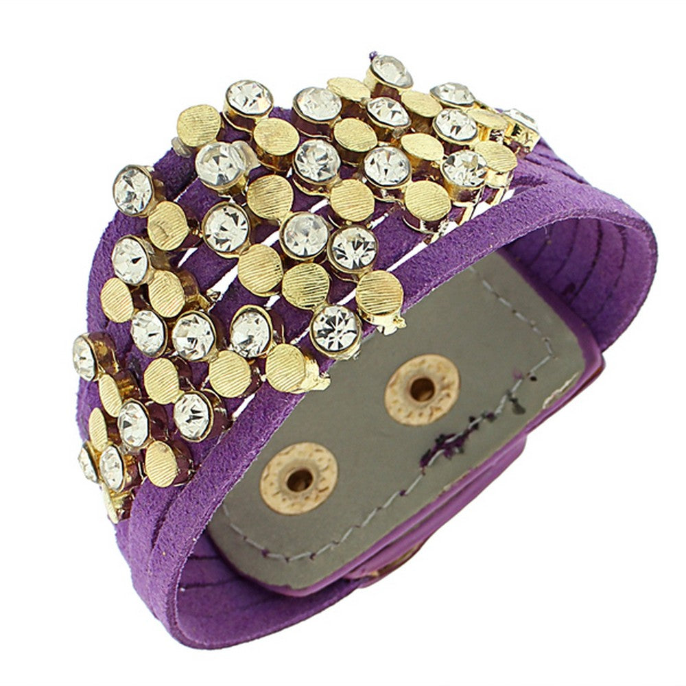 Faux Purple Suede Leather Yellow Gold-Tone White CZ Wristband Wrap Bracelet