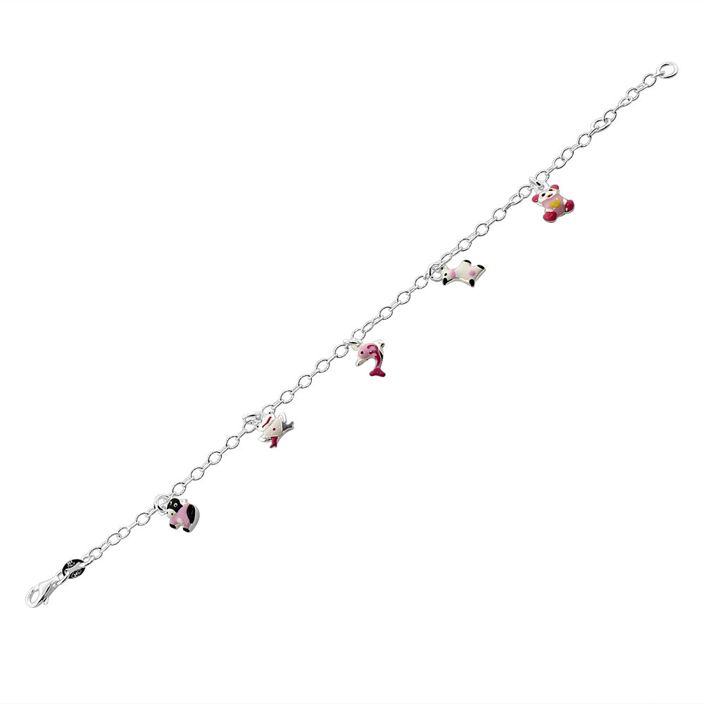 925 Sterling Silver Multicolor Enamel Animals Womens Girls Link Chain Bracelet