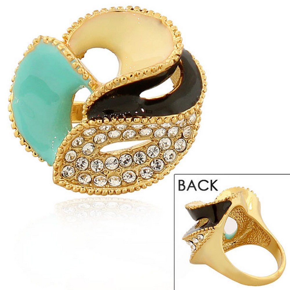 My Daily Styles Fashion Alloy Yellow Gold-Tone Brown Turquoise-Tone CZ Flower Floral Cocktail Ring