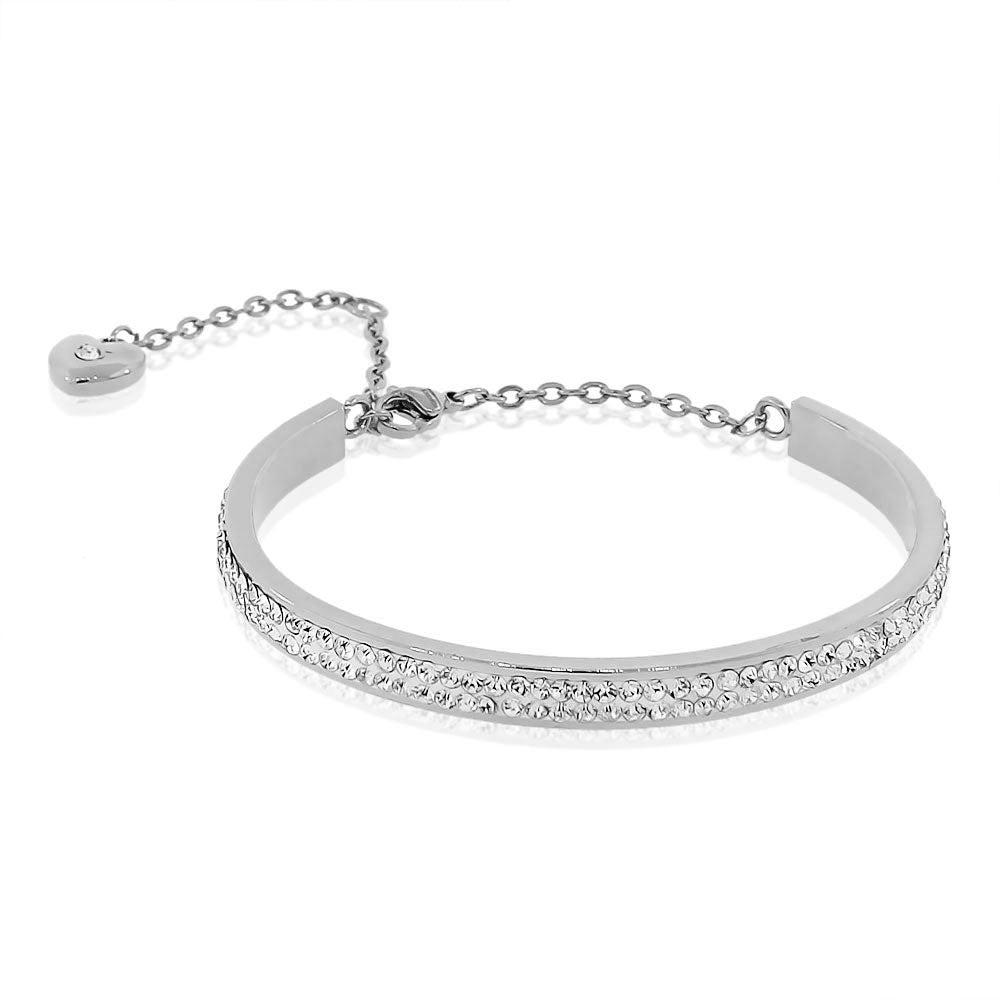 Stainless Steel Silver-Tone CZ Love Heart Adjustable Bangle Bracelet