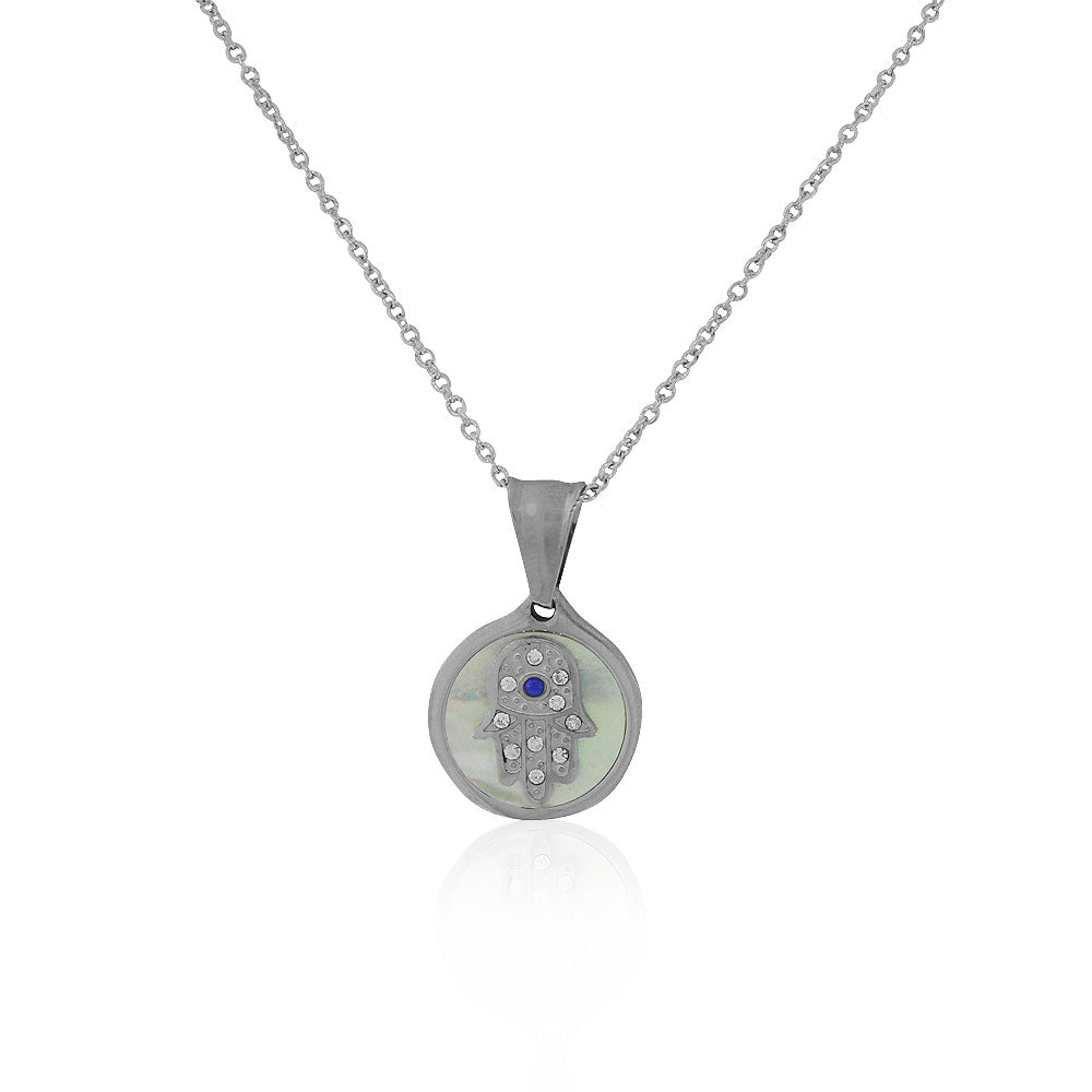 Stainless Steel Silver Mother-of-Pearl CZ Hamsa Pendant Necklace