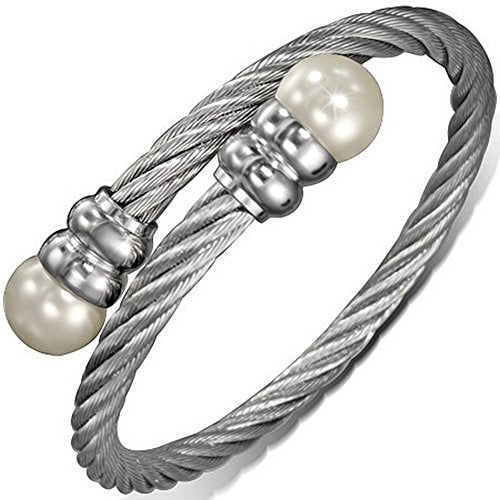 Stainless Steel Two-Tone White Simulated Pearls Twisted Cable Womens Open End Bangle Bracelet