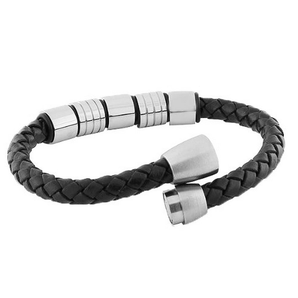 Stainless Steel Black Leather Silver-Tone Men's Bracelet
