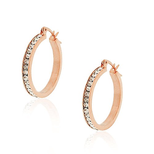 Stainless Steel Yellow Gold-Tone White Clear CZ Classic Round Hoops Earrings
