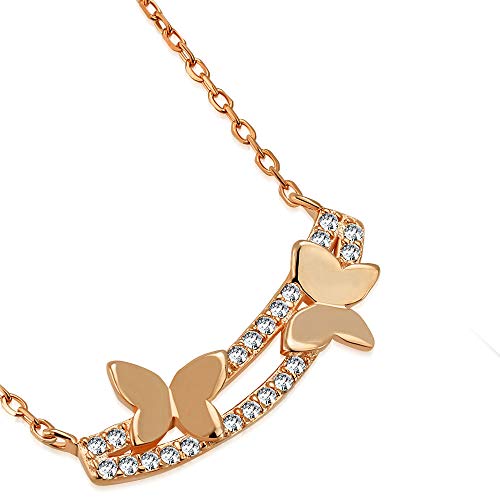 925 Sterling Silver Rose Gold-Tone CZ Double Butterfly Bar Pendant Necklace