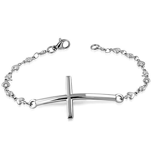 Stainless Steel Silver-Tone Religious Cross Chain Bracelet