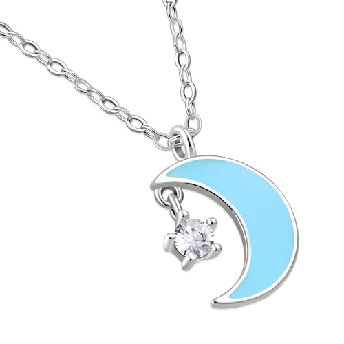My Daily Styles 925 Sterling Silver Crescent Moon and Star CZ Pendant Necklace with Pink or Blue Enamel