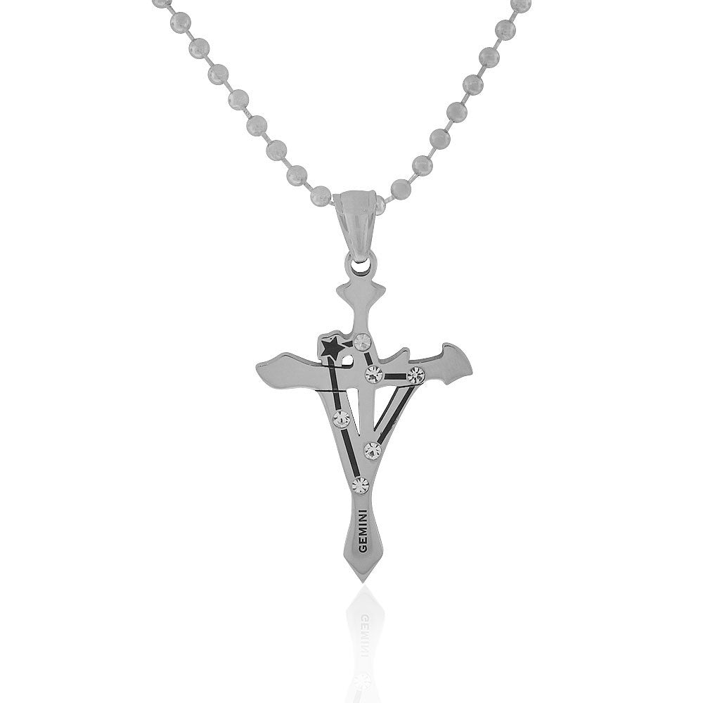 Stainless Steel Silver-Tone White CZ Zodiac Cross Pendant Necklace - Gemini