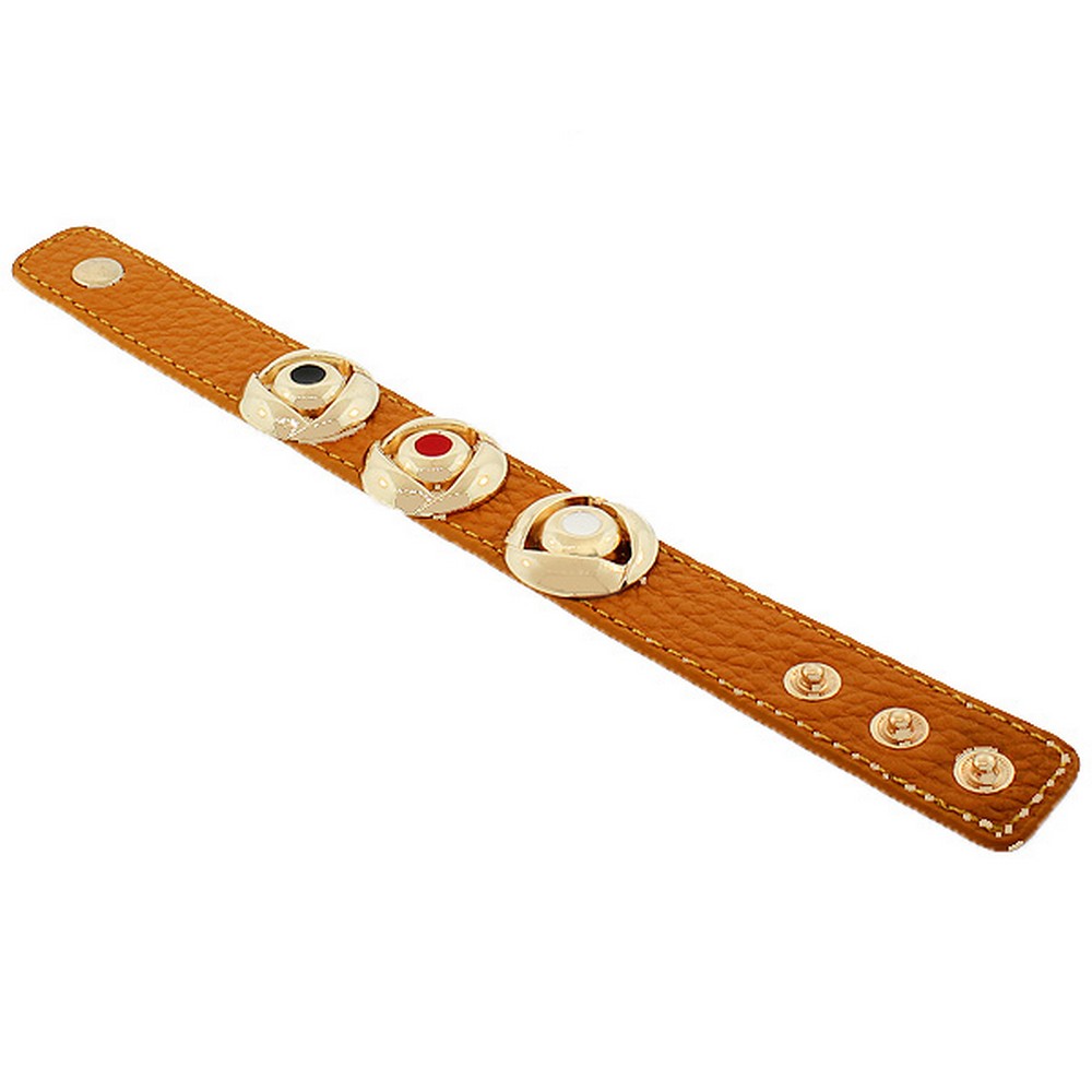 Light Brown PU Leather Yellow Gold-Tone Round Charms Multicolor Snap Wristband Bracelet
