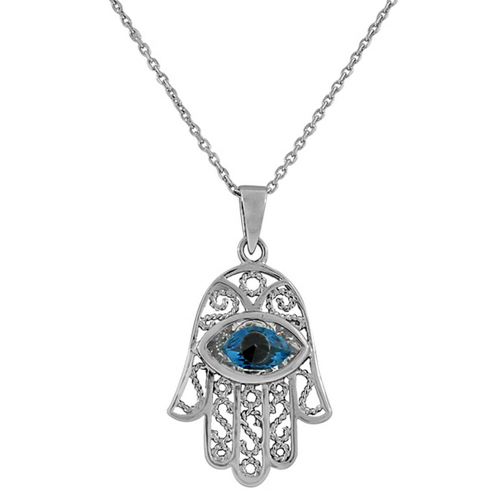 925 Sterling Silver Evil Eye Hamsa White Blue CZ Filigree Womens Pendant Necklace