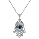925 Sterling Silver Evil Eye Hamsa White Blue CZ Filigree Womens Pendant Necklace