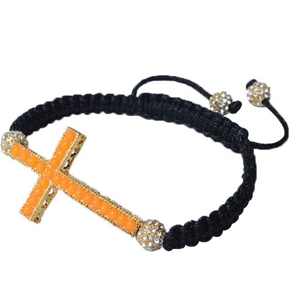 Cross Orange Gold Beaded Adjustable Macrame Bracelet
