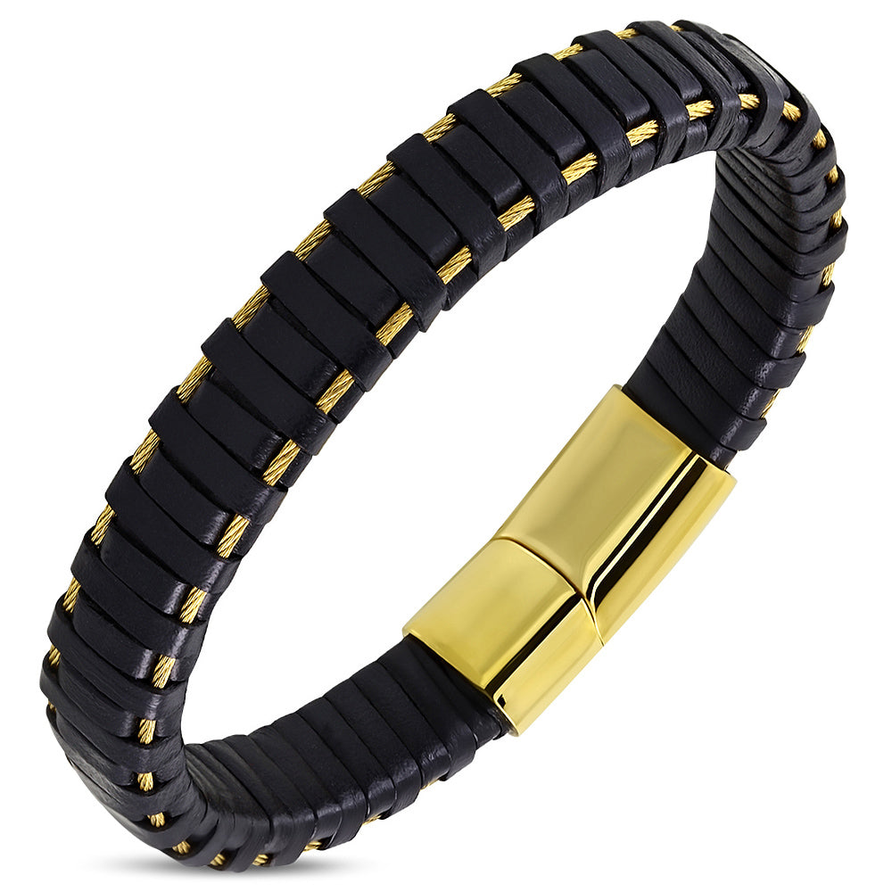My Daily Styles Stainless Steel Yellow Gold-Tone Black Leather Braided Wristband Bracelet, 8"
