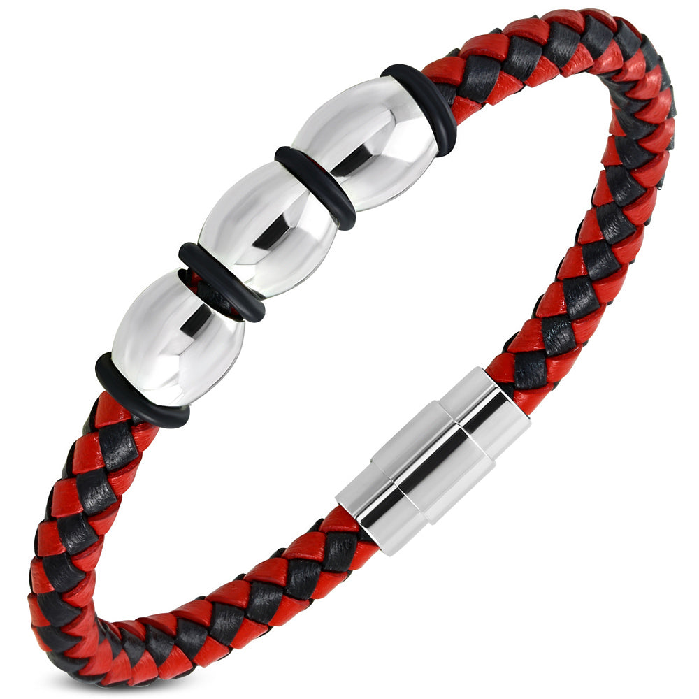 Stainless Steel Silver Red Black Leather Braided Wristband Bracelet, 8"