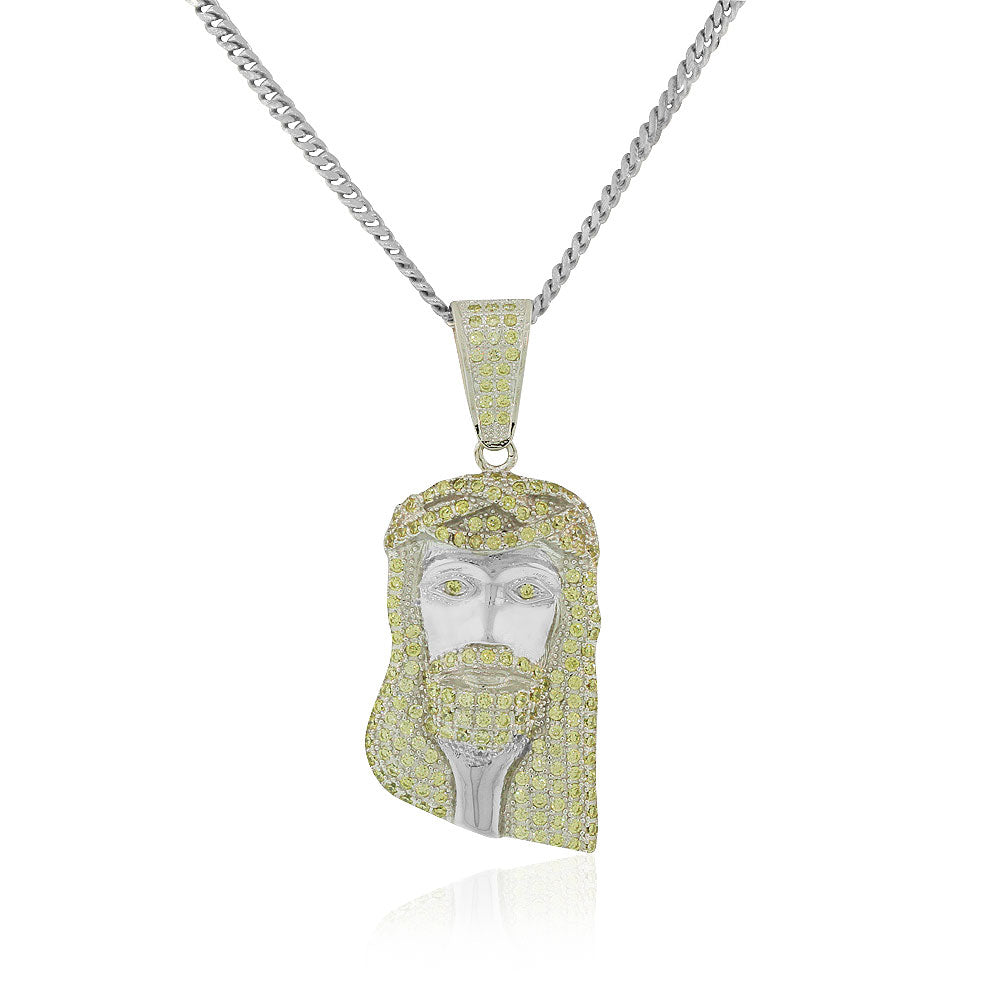 Sterling Silver Large Hip-Hop Clear Yellow CZ Religious Jesus Mens Pendant Necklace, 30"