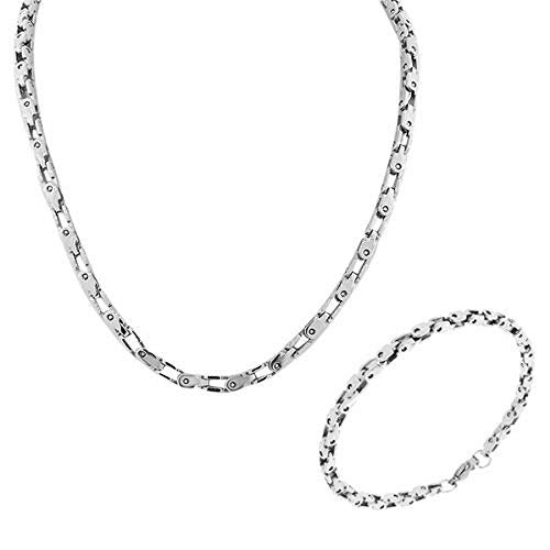 Stainless Steel Silver-Tone Mens Link Chain Necklace and Bracelet Set