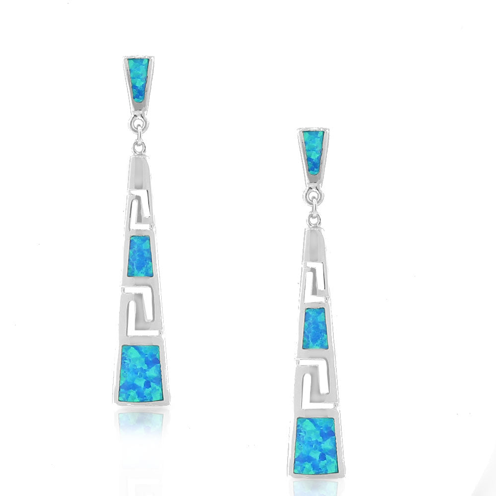Sterling Silver Blue Turquoise-Tone Simulated Opal Greek Key Drop Dangle Earrings