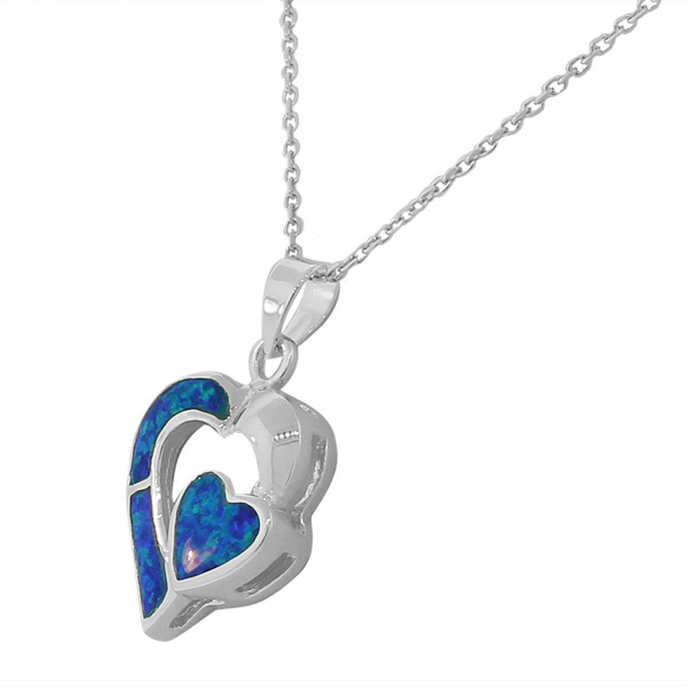 925 Sterling Silver Blue Turquoise-Tone Simulated Opal Love Heart Pendant Necklace