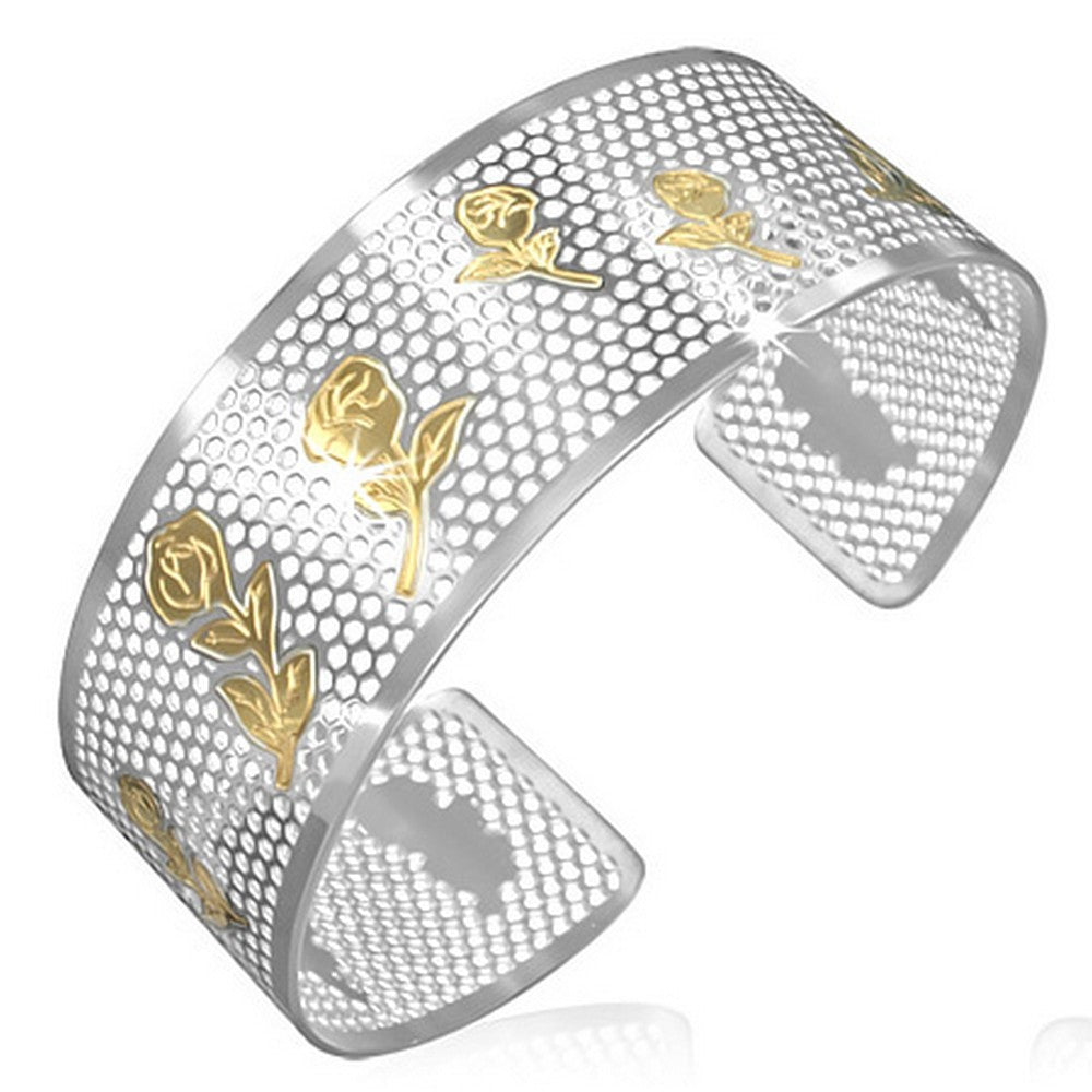 Stainless Steel Two-Tone Flowers Roses Open End Womens Cuff Bangle