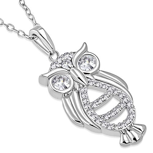 Sterling Silver Yellow Gold-Tone White Clear CZ Owl Pendant Necklace