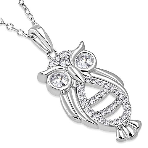 925 Sterling Silver Yellow Gold-Tone White Clear CZ Owl Pendant Necklace