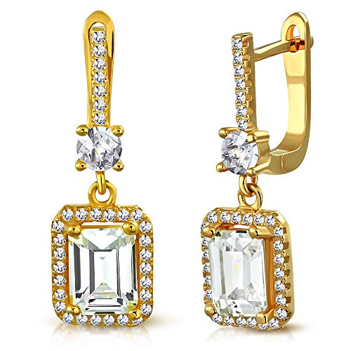 925 Sterling Silver Rose Gold-Tone Rectangular Round CZ Drop Dangle Earrings, 1"