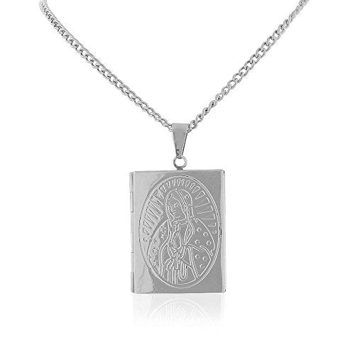 Stainless Steel Silver-Tone Religious Vergin Mary Bible Book Locket