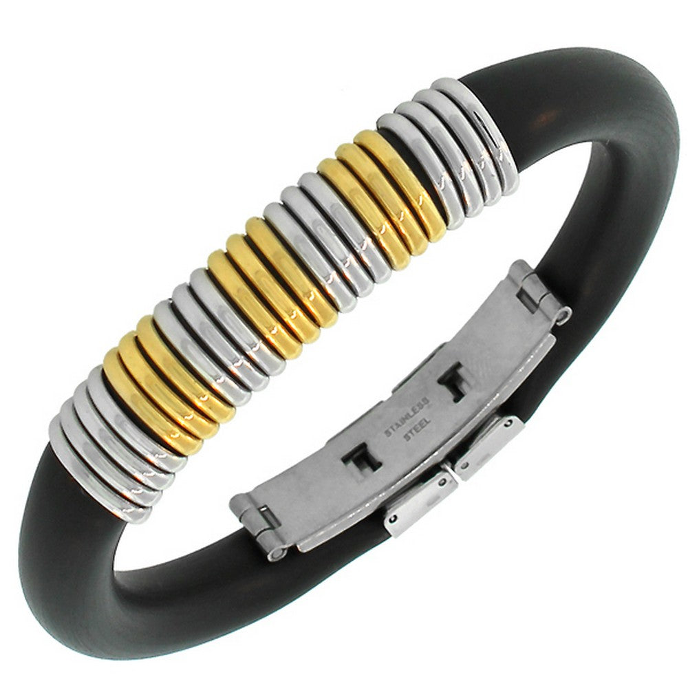 Stainless Steel Black Rubber Silicone Yellow Gold Silver Two-Tone Mens Bracelet