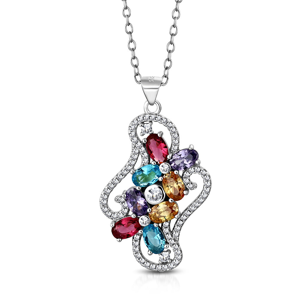 925 Sterling Silver White Clear Multicolor CZ Bright Holiday Pendant Necklace