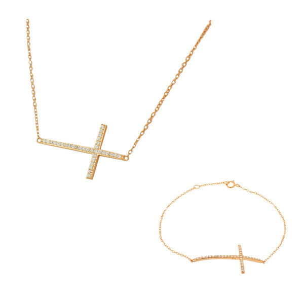 Rose Gold-Tone Sideways 925 Sterling Silver  Cross White CZ Necklace Bracelet Set
