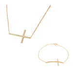 925 Sterling Silver Rose Gold-Tone Sideways Cross White CZ Necklace Bracelet Set