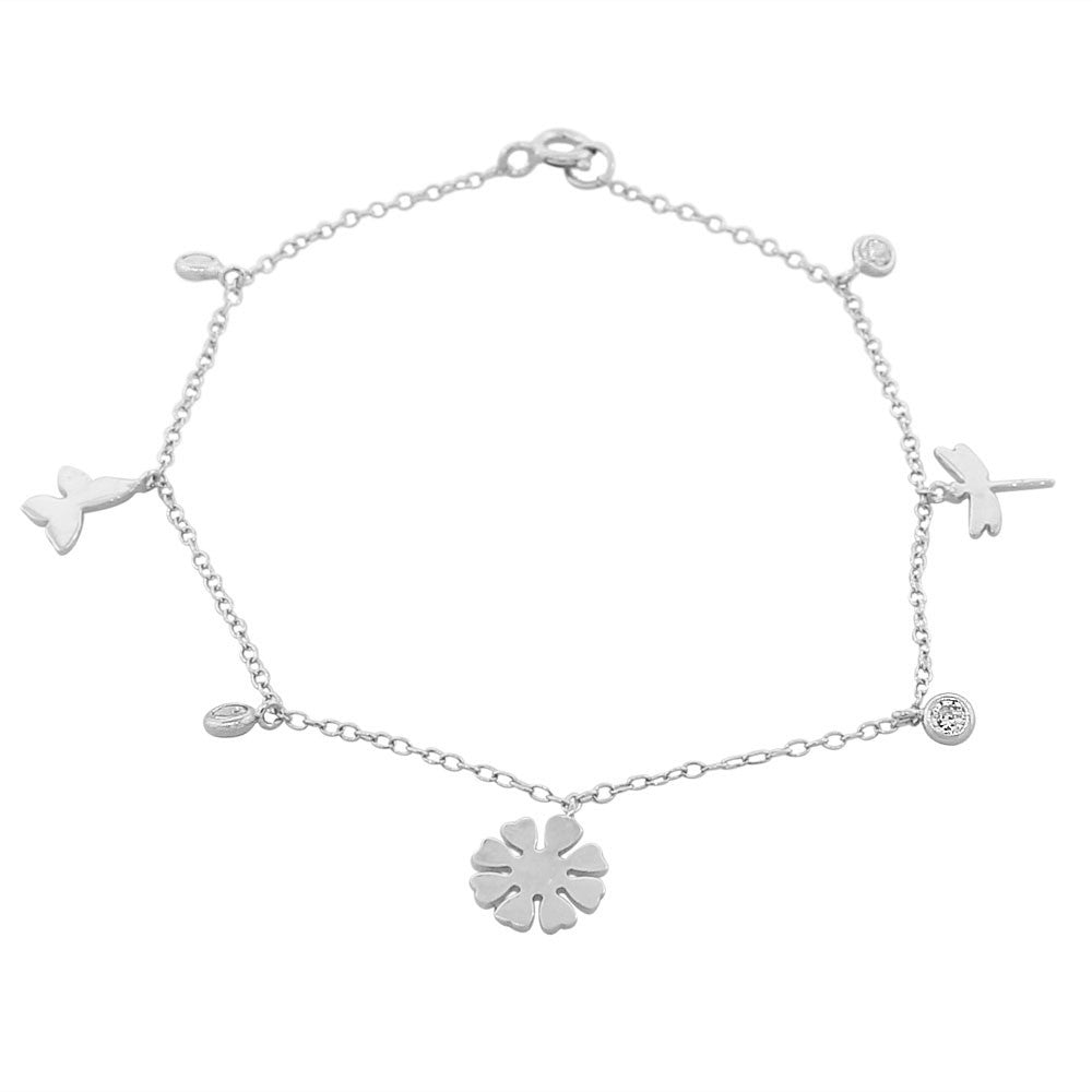 925 Sterling Silver White CZ Dragonfly Flower Womens Girls Link Chain Bracelet