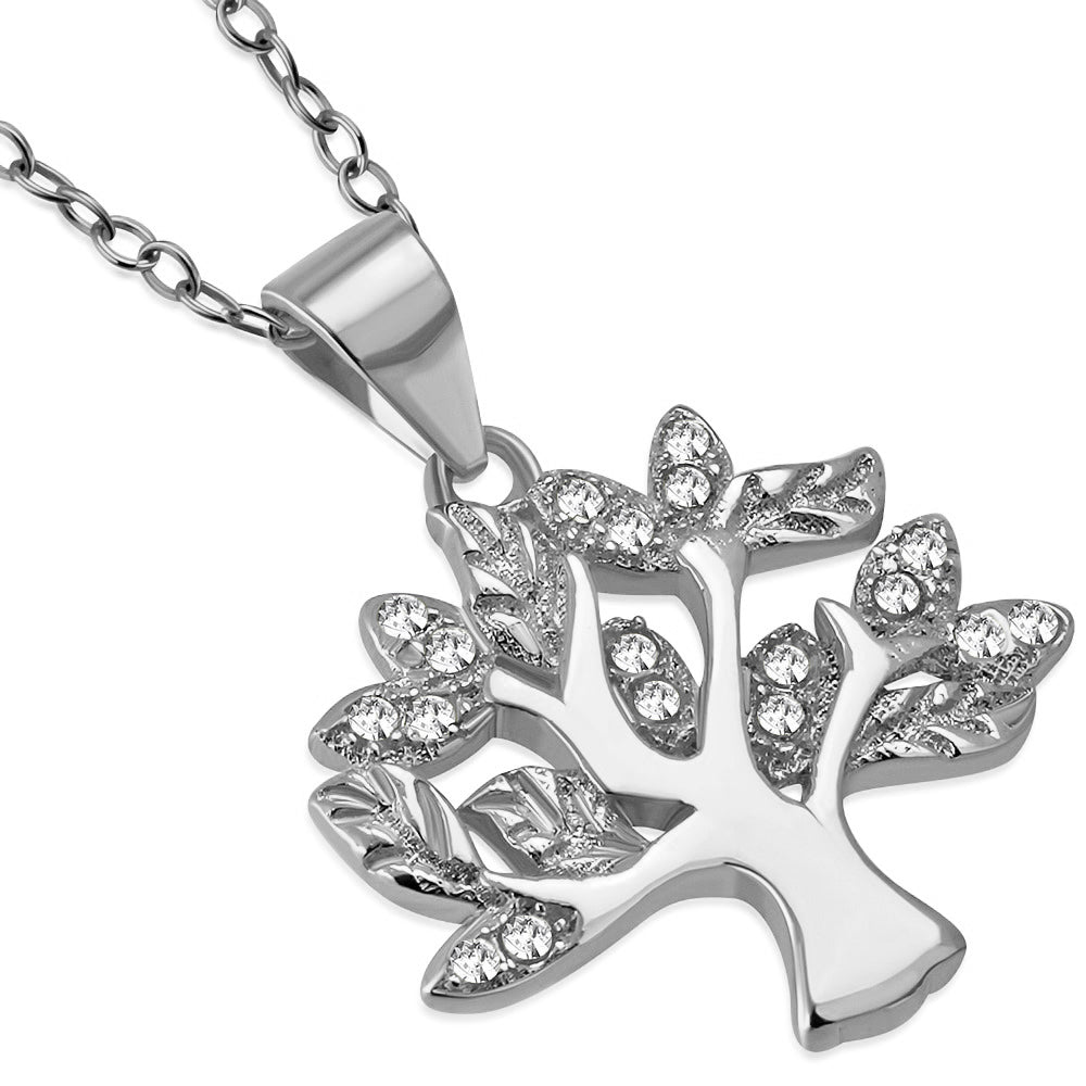925 Sterling Silver White Clear CZ Tree of Life Pendant Necklace