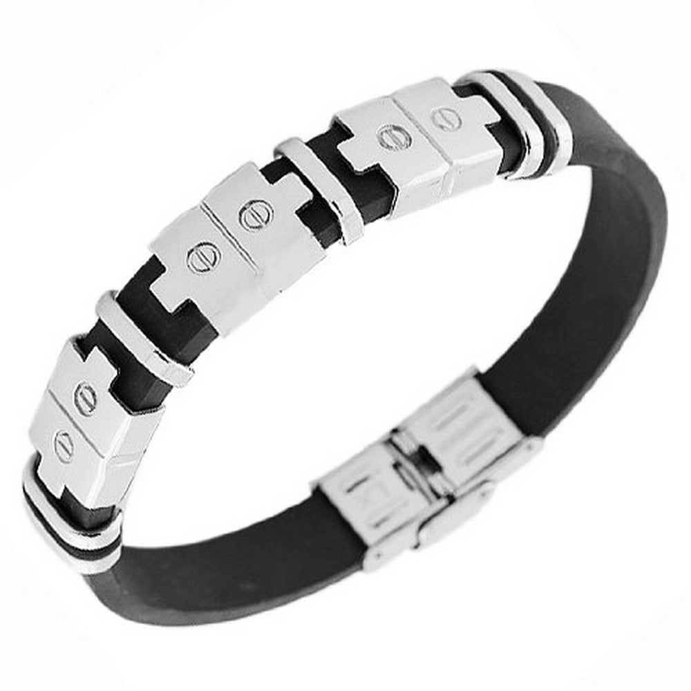 Stainless Steel Black Rubber Silicone Silver-Tone Men's Bracelet
