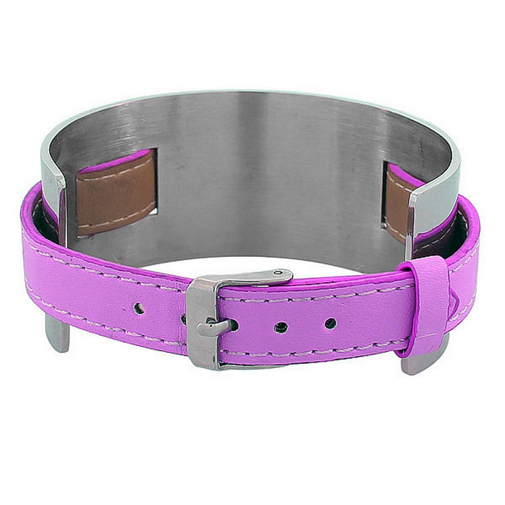 Violet Purple Faux Leather Stainless Steel Silver-Tone Wristband Womens Wrap Bracelet