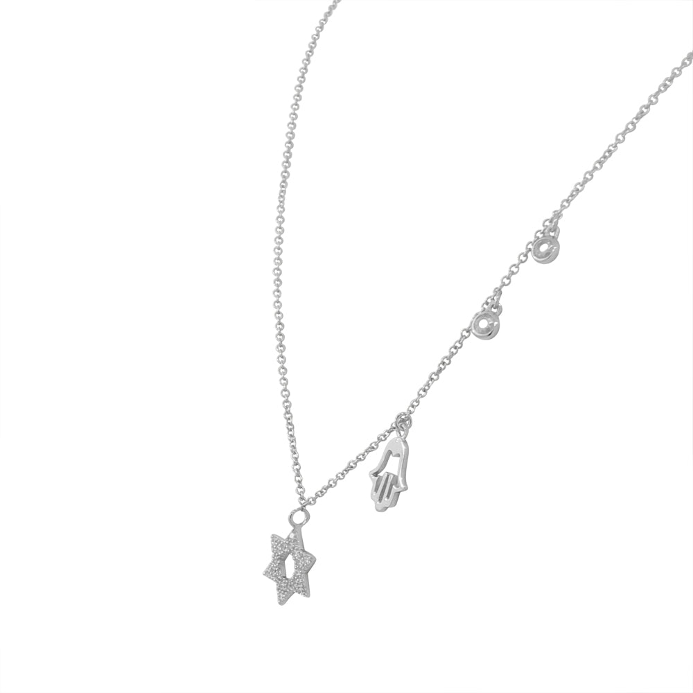 925 Sterling Silver Jewish Star of David Hamsa Bezel-Set White CZ Pendant Necklace