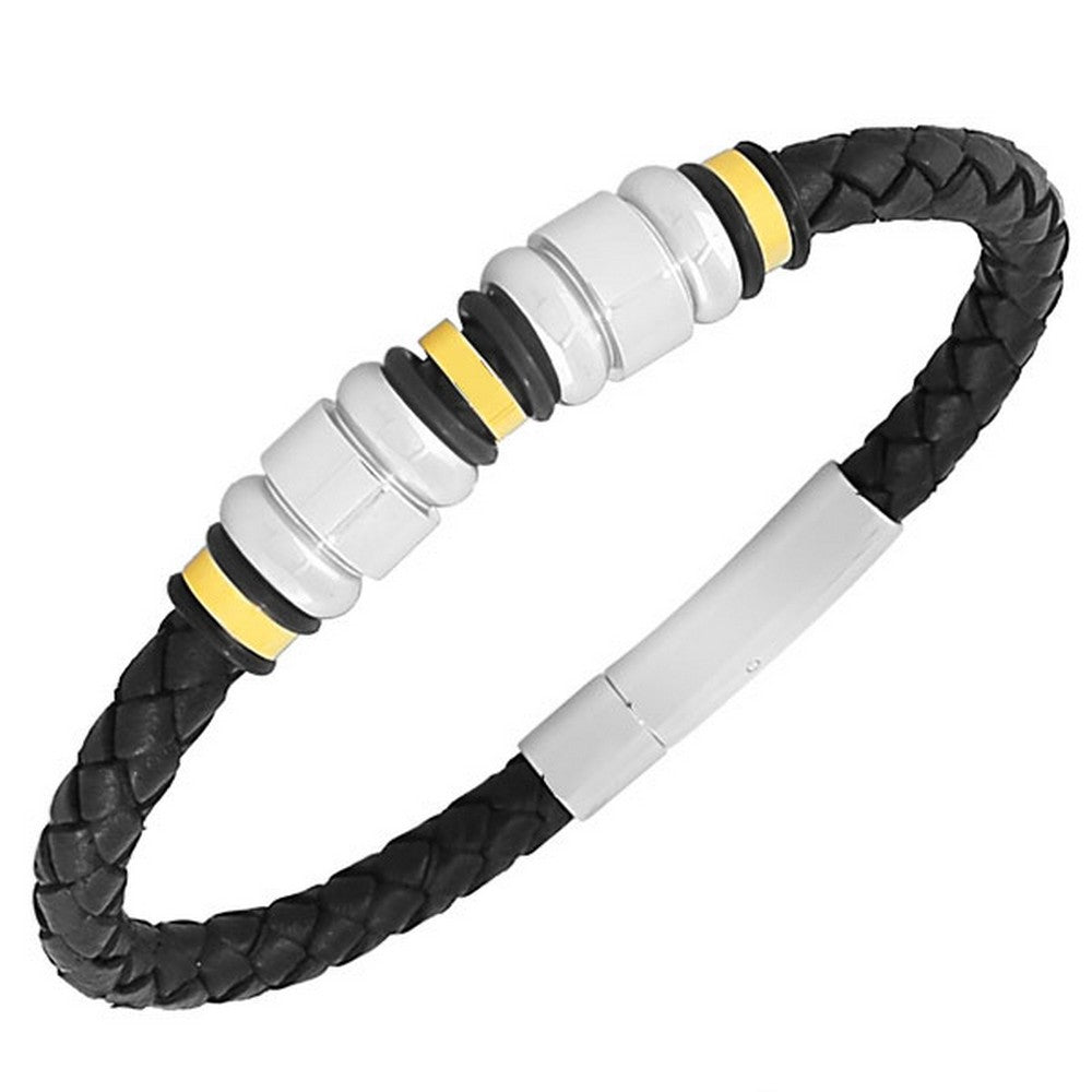 Stainless Steel Black Faux PU Leather Two-Tone Men's Bracelet