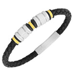 Stainless Steel Black Faux PU Leather Two-Tone Men's Bracelet