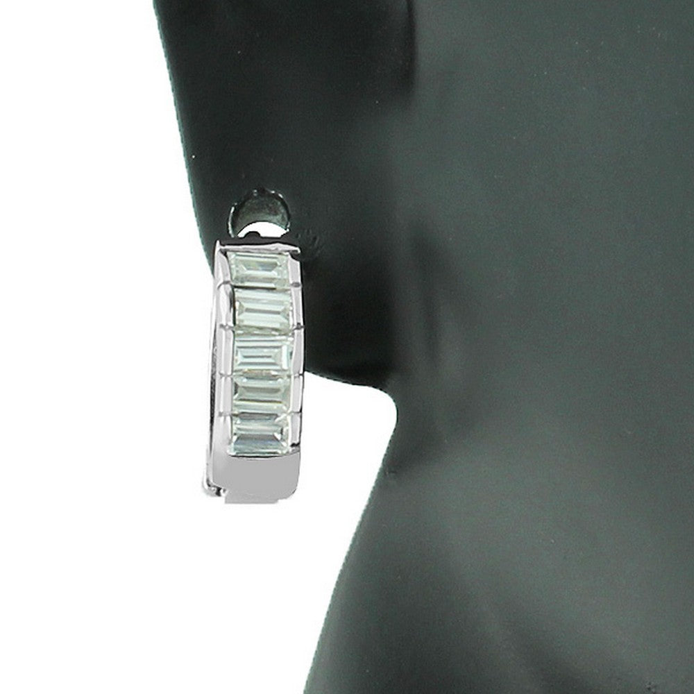925 Sterling Silver White Baguette CZ Hoop Huggie Earrings