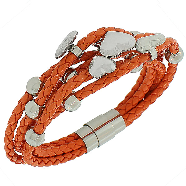 Fashion Alloy Orange Faux PU Leather Silver-Tone Love Heart Multi-Row Layer Bracelet