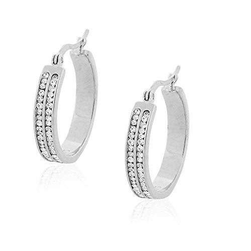 Stainless Steel Silver-Tone Clear CZ Classic Hoop Earrings, 0.8" Diameter