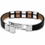 Men's Black Leather Bracelet Stainless Steel Two Tone Brown & Silver 5 Section Design, 8 Inch Men's Fashion Bracelet