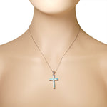 925 Sterling Silver Religious Cross Blue Turquoise-Tone Simulated Opal Pendant Necklace