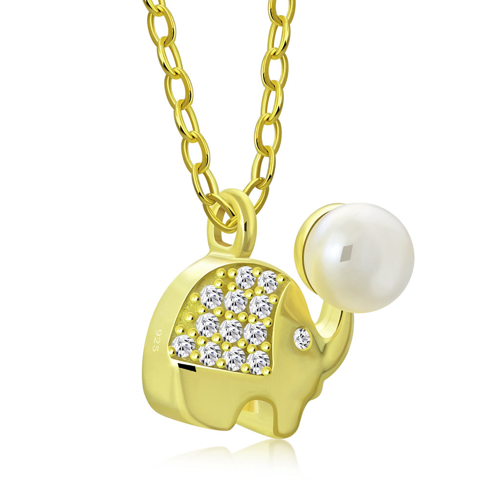 My Daily Styles Adorable 925 Sterling Silver Small Elephant CZ and Simulated Pearl Pendant Necklace - 18" Silver Chain