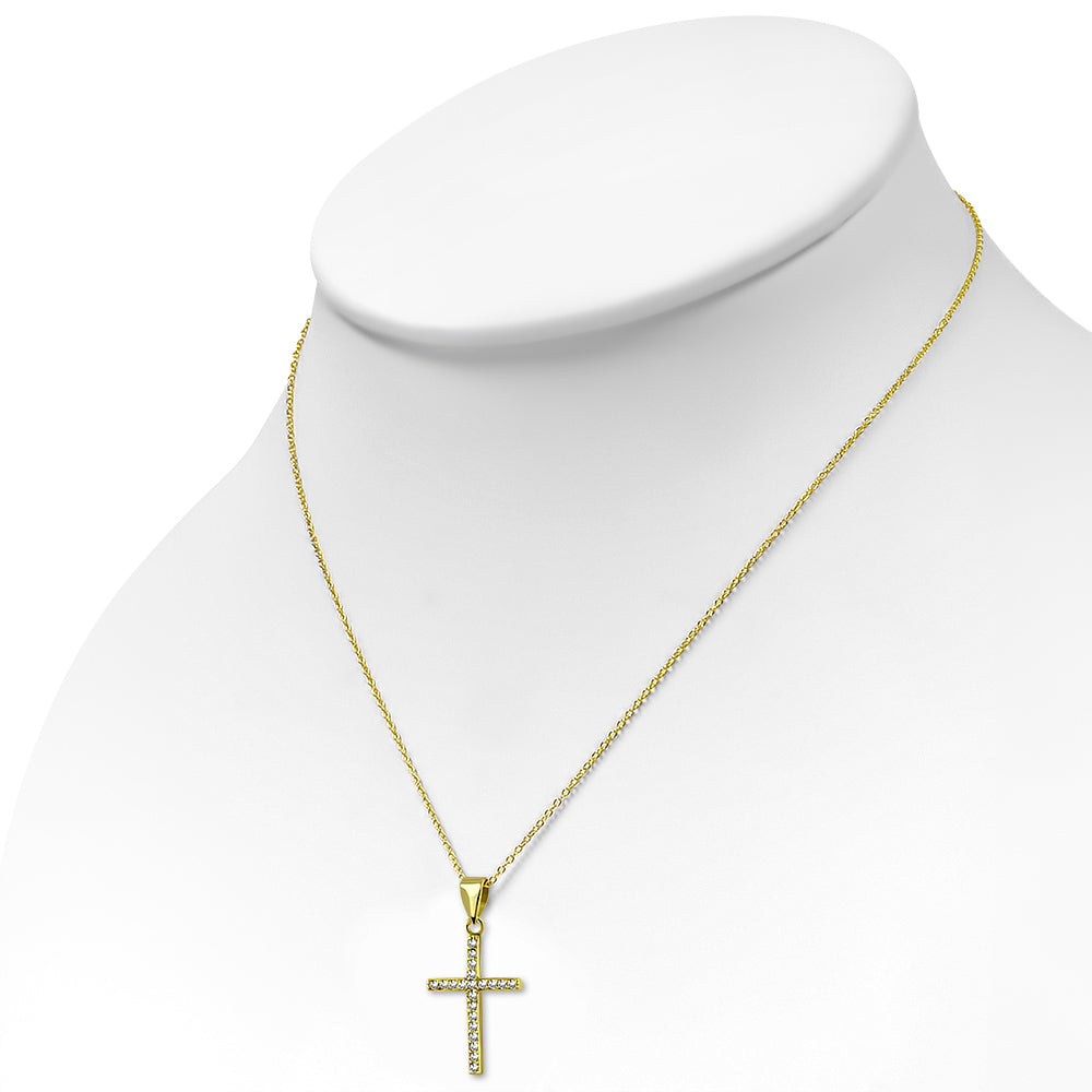 925 Sterling Silver Clear CZ Religious Cross Pendant Necklace, 18"