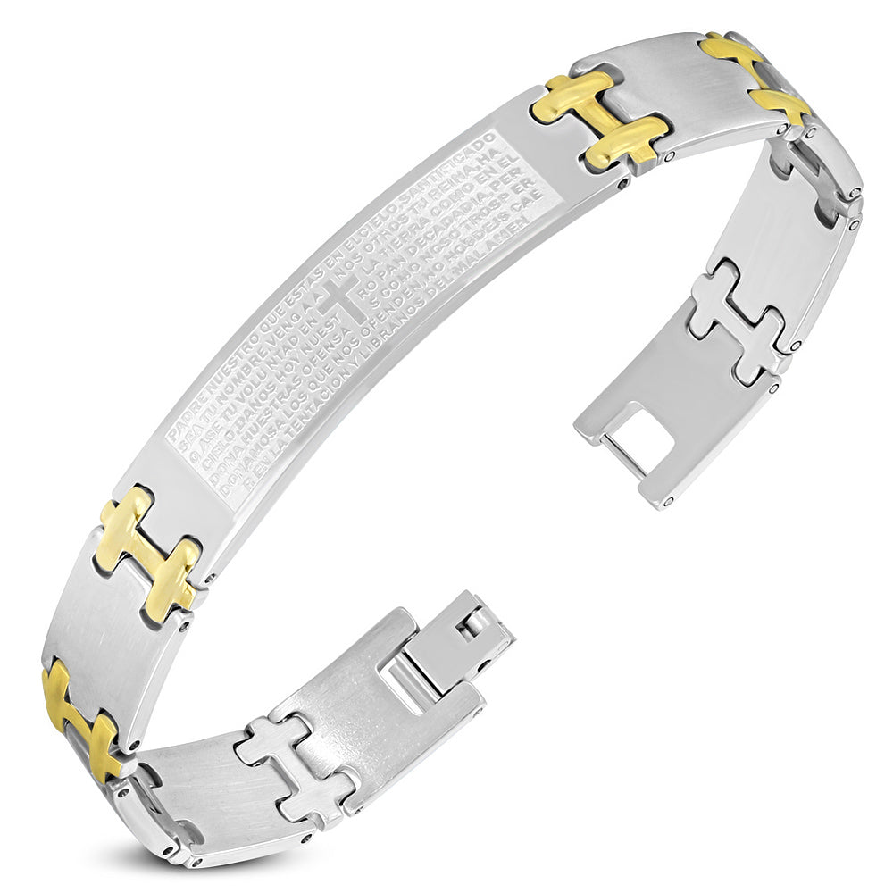 Stainless Steel Two-Tone Padre Nuestro Cross Prayer Mens Link Bracelet