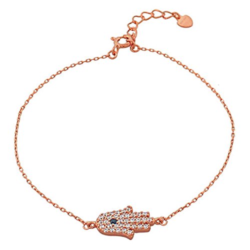 925 Sterling Silver Yellow Gold-Tone White CZ Hamsa Evil Eye Womens Girls Link Chain Bracelet