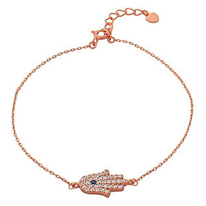 925 Sterling Silver Yellow Gold-Tone White CZ Hamsa Evil Eye Womens Girls Link Chain Bracelet