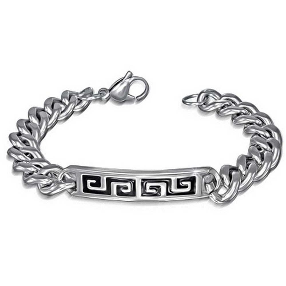 Stainless Steel Black Silver-Tone Mens Greek Key Link Chain Bracelet